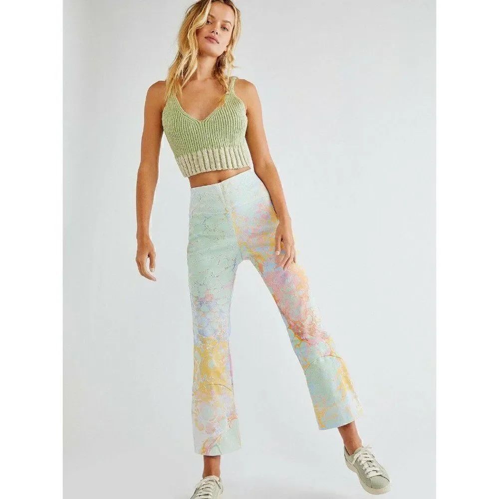 NEW FREE PEOPLE Sz S LEFTY HIGH RISE PRINTED FLARE PANTS